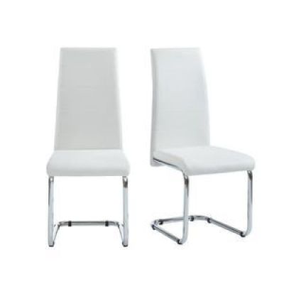 paire de chaises de salle à manger en cuir blanc avec des pieds chromés