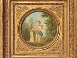 painting of a boy with a dog in a wooded setting