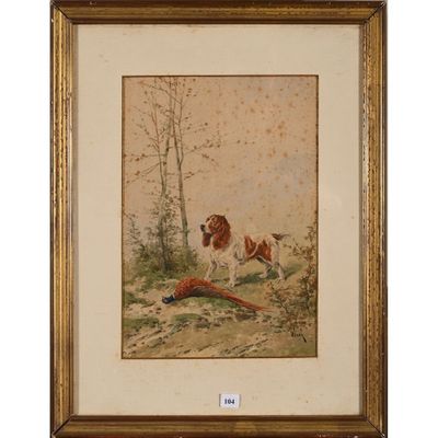 une image représentant un tableau où l'on voit un chien tenant un faisan dans la gueule