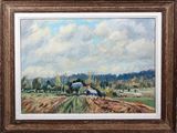 an oil painting of a farm scene with a white house in the distance