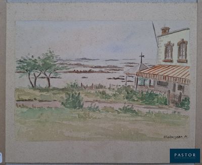 une aquarelle représentant une maison et un bateau sur l'eau