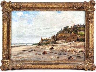 an image of a painting of a beach scene with people on the shore