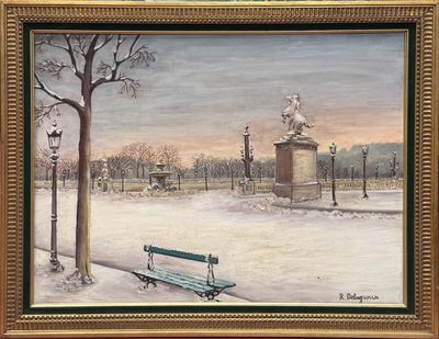 un tableau représentant un banc de parc sous la neige
