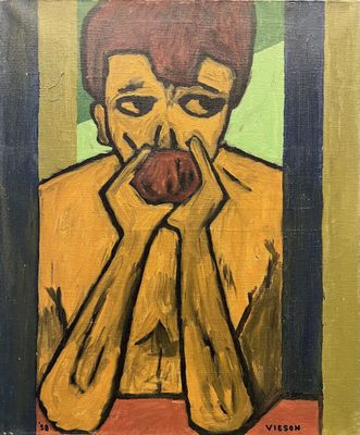 painting of a man with his hands on his face