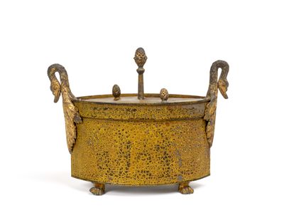 an old metal pot with handles and handles on a white background