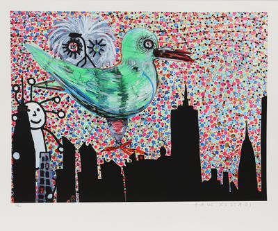 a painting of a bird that is flying over a city