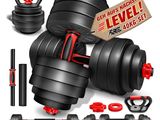 a set of dumbs, weights, and a barbell on a white background