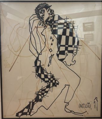 tableau représentant un homme en costume, portant une chemise à carreaux et une cravate