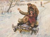 un tableau représentant deux personnes sur une luge dans la neige