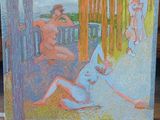 un tableau représentant un couple de nus assis sur un banc