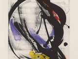 an abstract painting with black, yellow, and red paint on a white background
