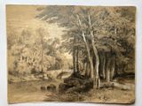 a drawing of a river with trees and a bridge in the distance