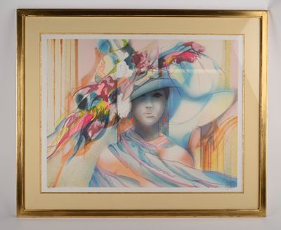 tableau représentant une femme coiffée d'un grand chapeau orné de fleurs