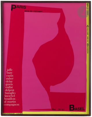 a pink poster with a picture of a vase on it