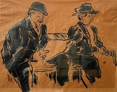 dessin représentant deux hommes assis à une table, un couteau à la main