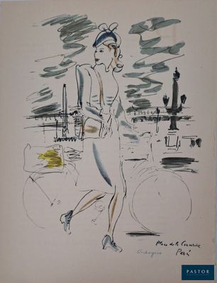 drawing of a woman in a white dress and hat walking by a fountain