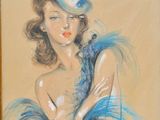 tableau représentant une femme en robe bleue, coiffée d'un chapeau orné de plumes