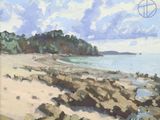tableau représentant une scène de plage avec des rochers et de l'eau au premier plan
