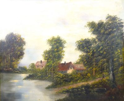 une peinture à l'huile représentant une rivière avec des maisons et des arbres en arrière-plan