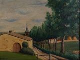 an oil painting of a country scene with a church in the distance