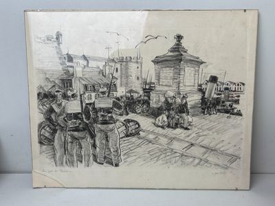drawing of a street scene with people and a horse drawn carriage