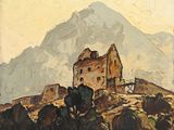 un tableau représentant un château sur une colline, avec une montagne en arrière-plan