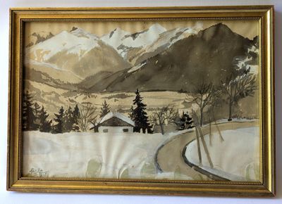 an image of a painting of a snowy mountain scene with a house in the foreground