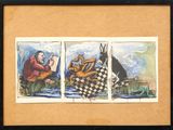 painting of three pictures of a man and a dog playing chess