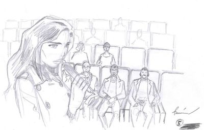 dessin au crayon représentant un groupe de personnes dans une station de métro