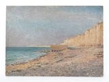 a painting of a bench on the beach next to the water