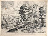 an old black and white drawing of a wooded area with trees