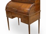 an old wooden desk with drawers and a glass top