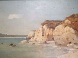 a picture of a painting of a beach with rocks in the water