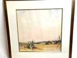 aquarelle encadrée représentant un paysage avec des chevaux dans un champ
