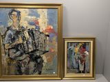 tableau représentant un homme jouant de l'accordéon à côté d'un tableau représentant une femme