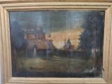 un vieux tableau représentant un château dans un champ, avec un cheval au premier plan