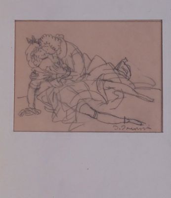 drawing of a woman sitting on a couch with a dog