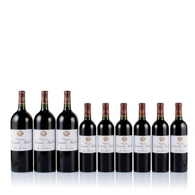 six bottles of red wine lined up in a row