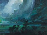 une image représentant une peinture d'une cascade au milieu d'une forêt
