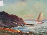 une peinture représentant un voilier sur l'eau, près d'un rivage rocheux