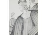 a drawing of a woman in a dress and a man in a hat