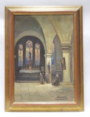 une peinture à l'huile représentant une église avec un homme et une femme debout devant l'autel