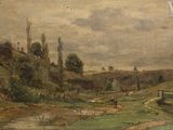 painting of a landscape with a river and a bridge in the foreground