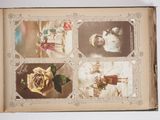 an old book with pictures of people and flowers on it