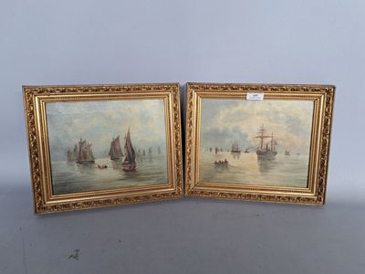 two paintings of boats in the water with a sky background