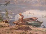 a painting of a man standing on a boat by the water