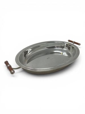 an image of a metal tray with a wooden handle on a white background