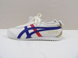a close up of a pair of white sneakers with blue and red stripes