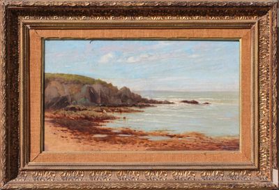 an oil painting of a beach scene with people on the shore