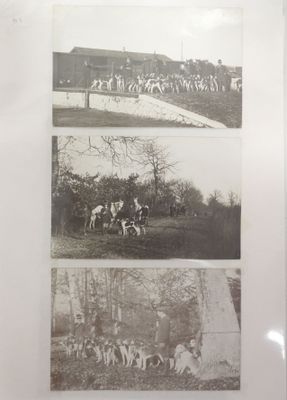 several black and white photos of people riding horses in a field